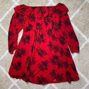 Torrid. Off the shoulder, long sleeve, red dress.